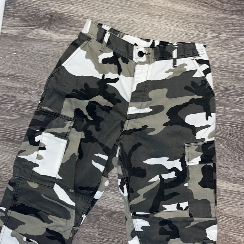 black white and grey camo cargo pants